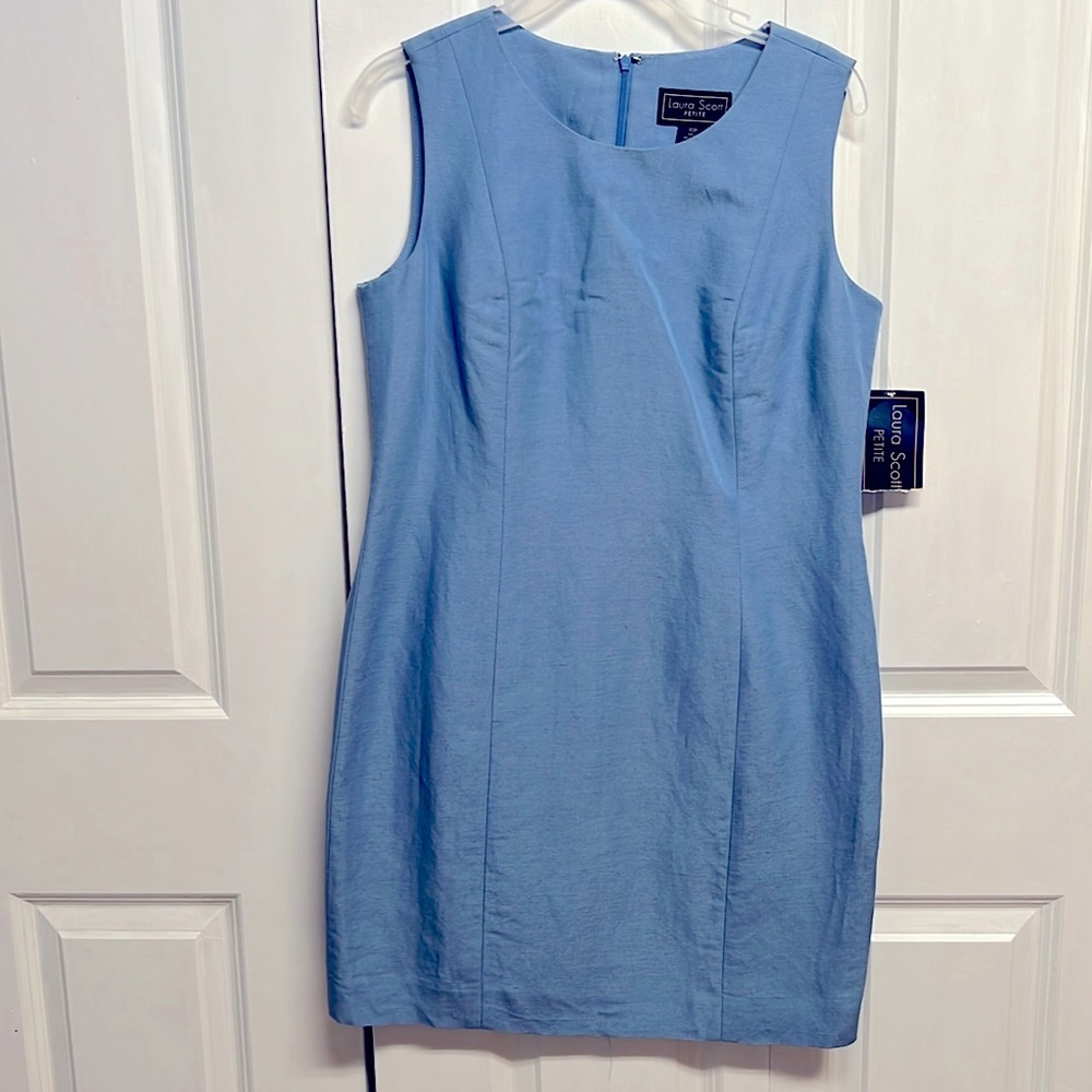 Laura Scott Evening Blue Sleeveless Linen Blend Pencil Dress Size 10P NWT